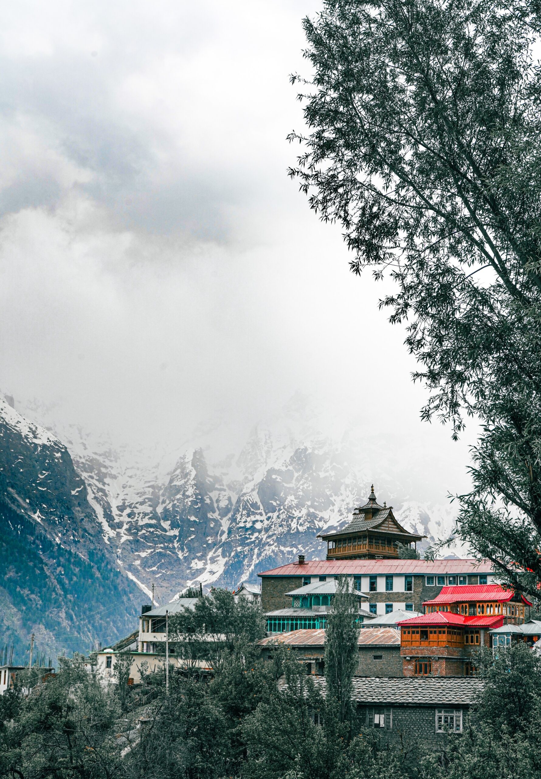 A vertical shot of Lochawa La Khang monastery in Kalpa, Himachal Pradesh during cold winter